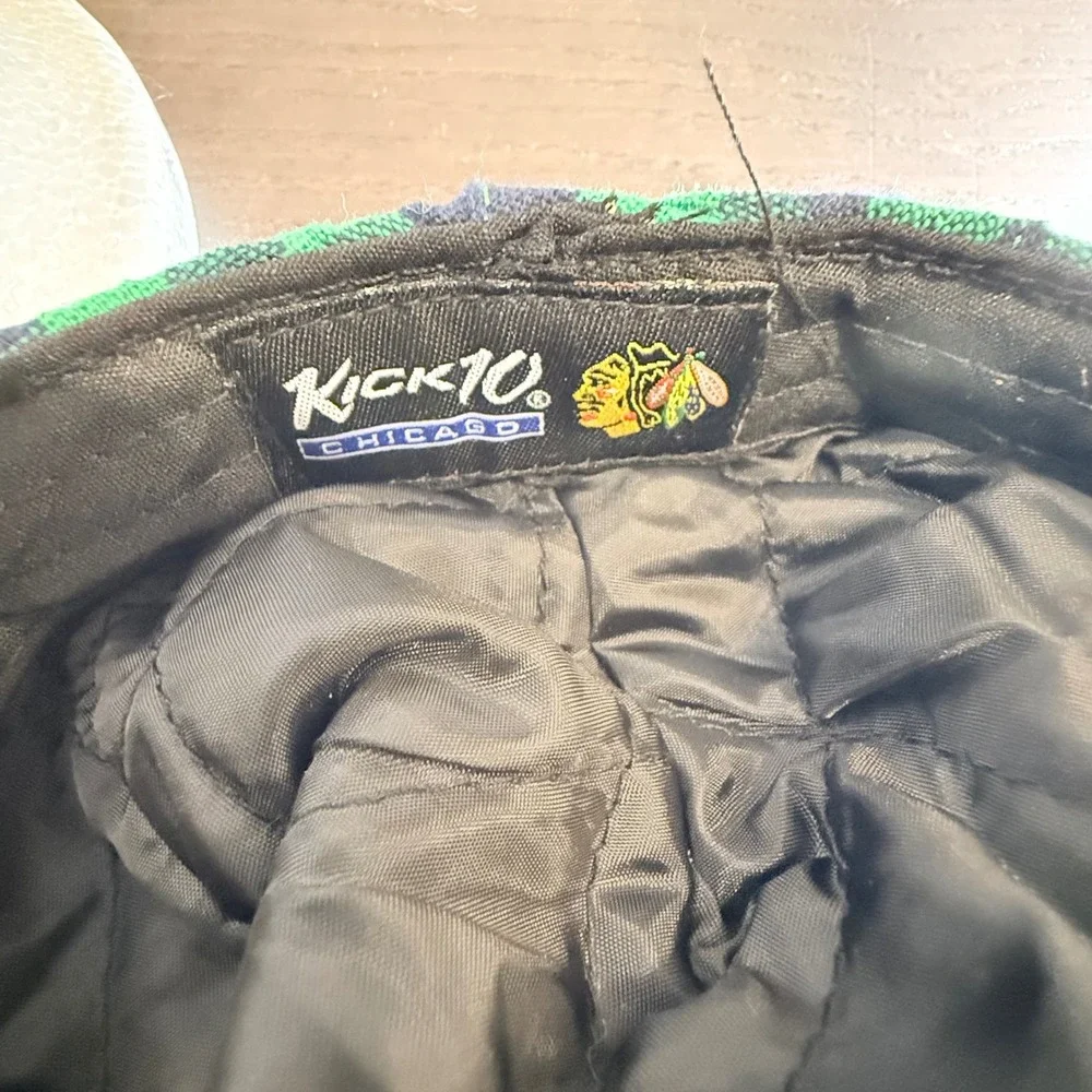 Kick10 Chicago Blackhawks Flat Cap Hat Green Gingham Plaid Newsboy M/L 7 3/8